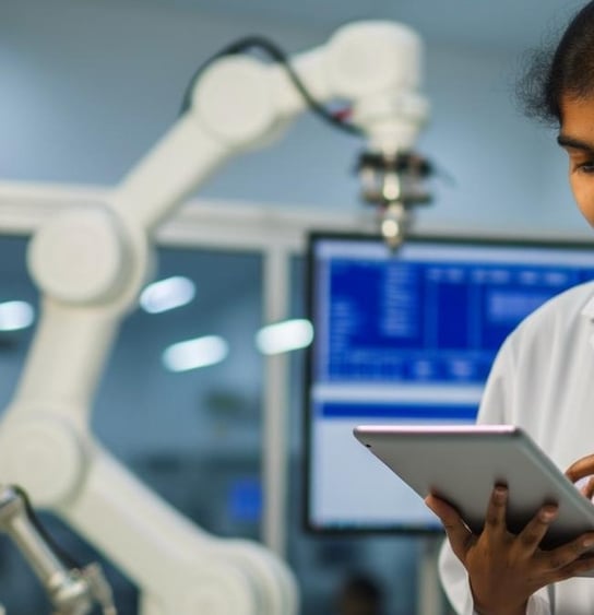 person looking at data in a tablet and a robotic arm in the abckround-1-1